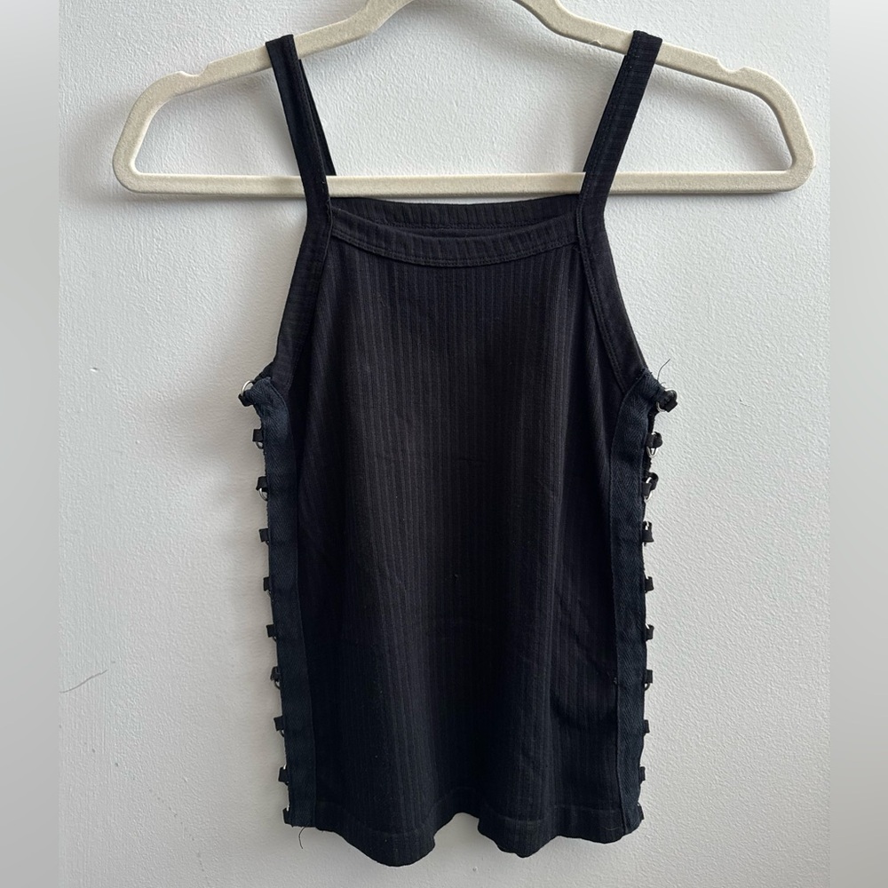 Vintage Black Ribbed Tank Top with Open Side Grommets